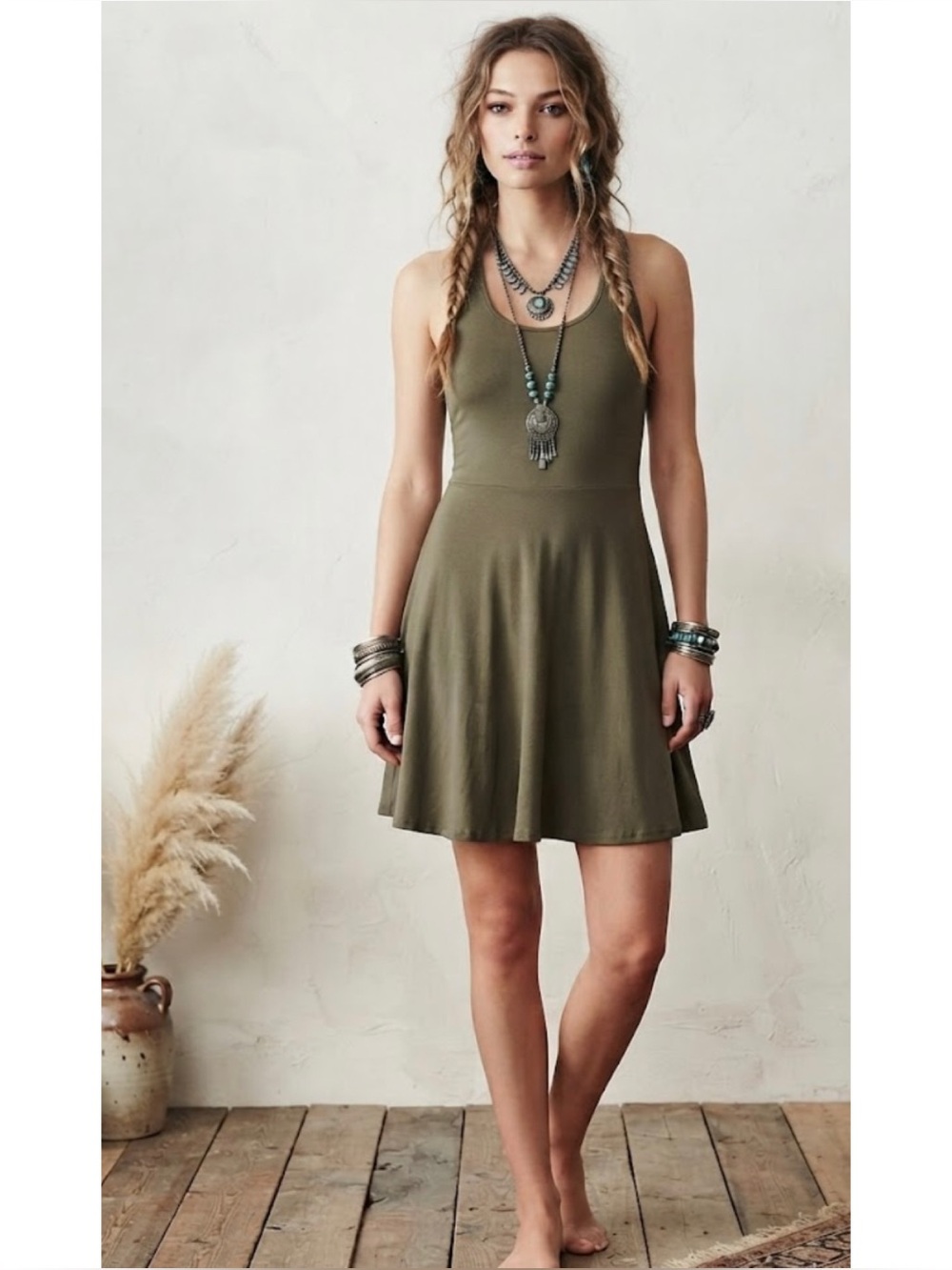 Missufe Scoop Neck Fit & Flare Olive Green Mini Skater Dress